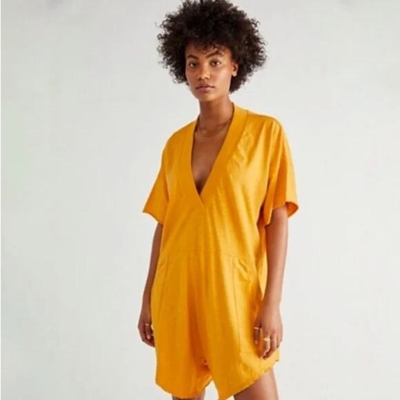 Free People Why Not Romper V Neck in Golden Yellow Marigold Short Sleeve size XS - Picture 1 of 15